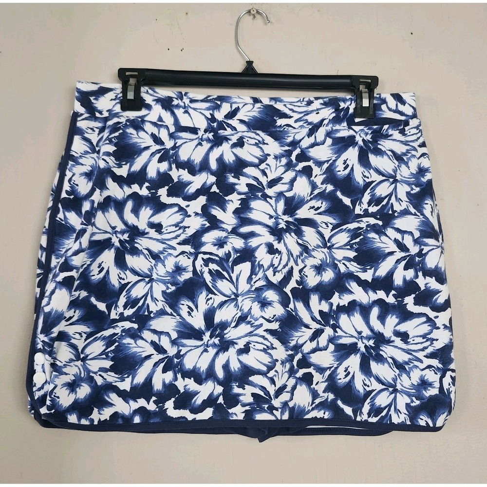 Jones New York Womens XL Blue White Floral Skort Slit Pocket Button Accents
